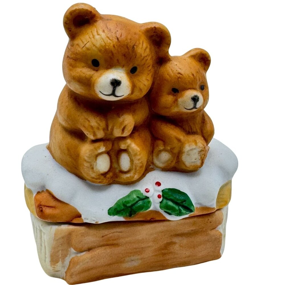 Vintage 1980s Porcelain Bisque Christmas Bear Candle Trinket Box With Lid 3"
